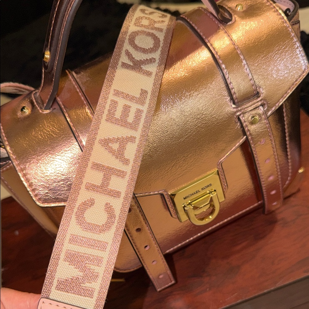 Michael Kors Metallic Rose Gold Satchel with Signature Web Strap - Picture 3 of 5